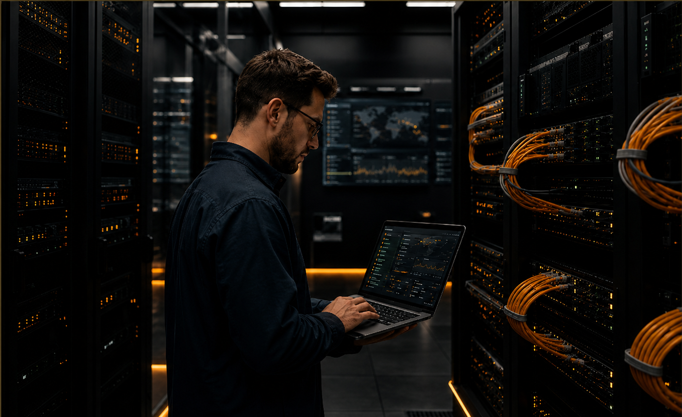 Network engineer working in a data center